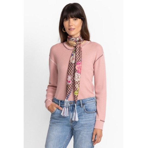 Johnny Was Cathron Scarf Silk Square Large Floral Tassels Pink Scarves Brown New - Picture 2 of 5